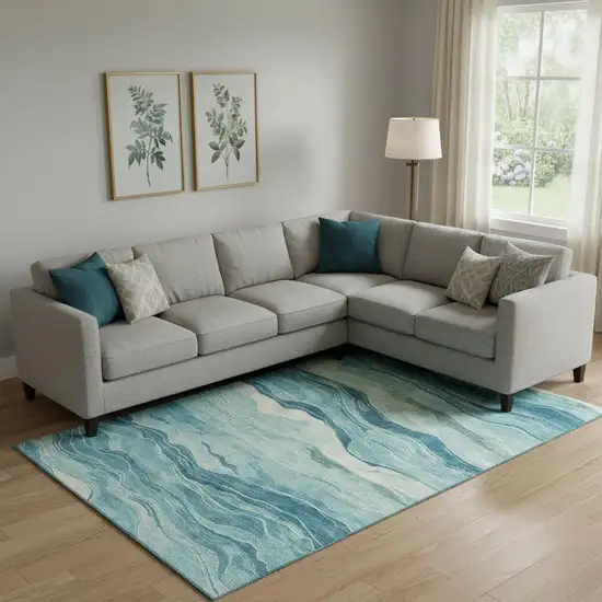 Turquoise And Ivory Striped Washable Area Rug With UV Protection Photo 2