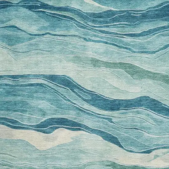 Turquoise And Ivory Striped Washable Area Rug With UV Protection Photo 2