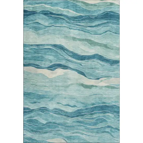 Turquoise And Ivory Striped Washable Area Rug With UV Protection Photo 1