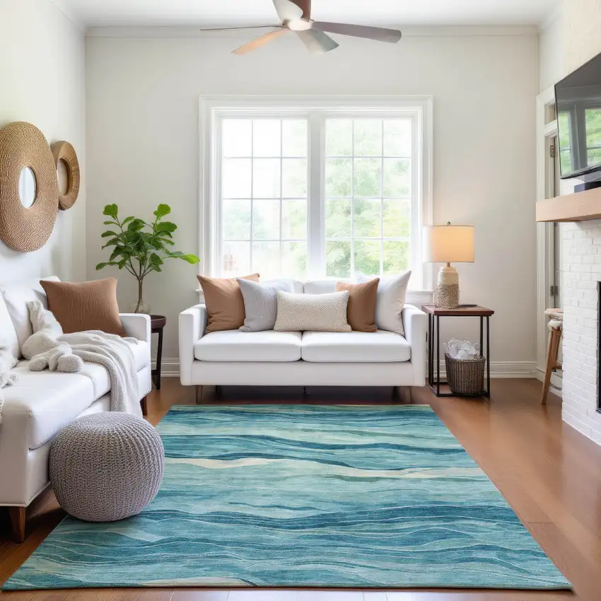 Turquoise And Ivory Striped Washable Area Rug With UV Protection Photo 5