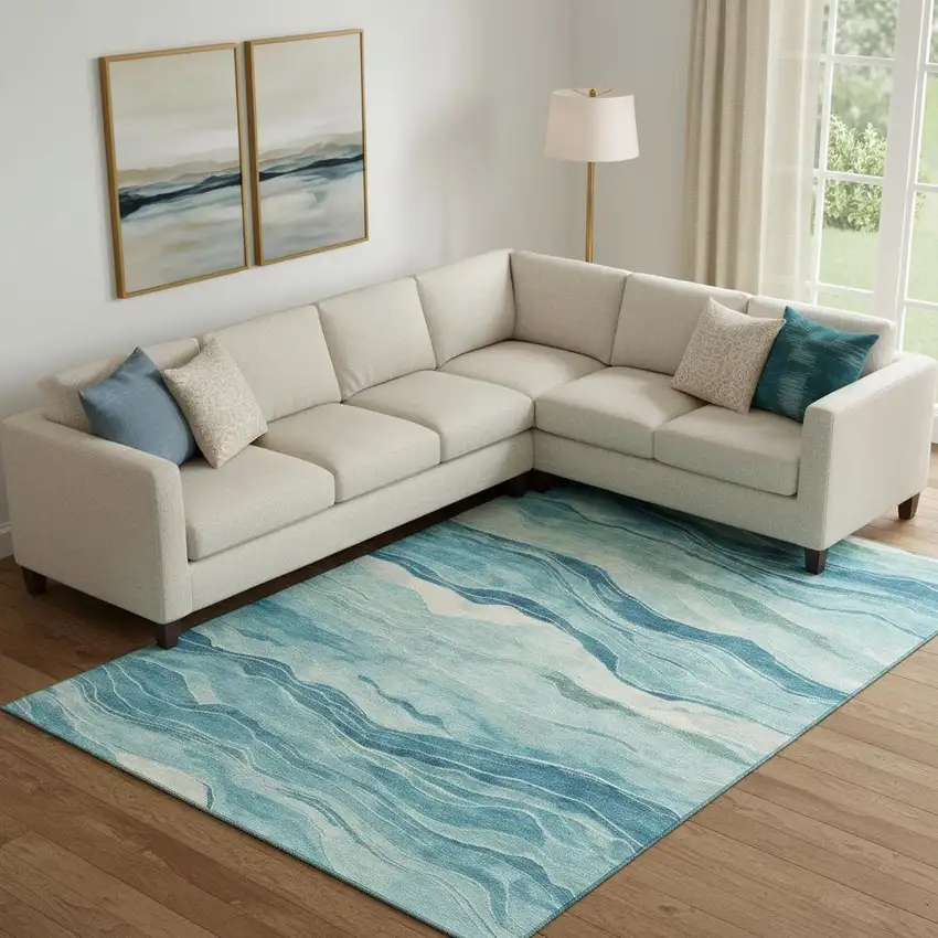 Turquoise And Ivory Striped Washable Area Rug With UV Protection Photo 2