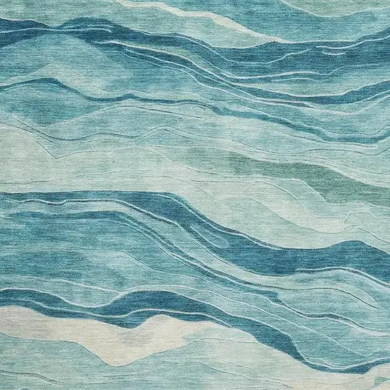 Turquoise And Ivory Striped Washable Area Rug With UV Protection Photo 2