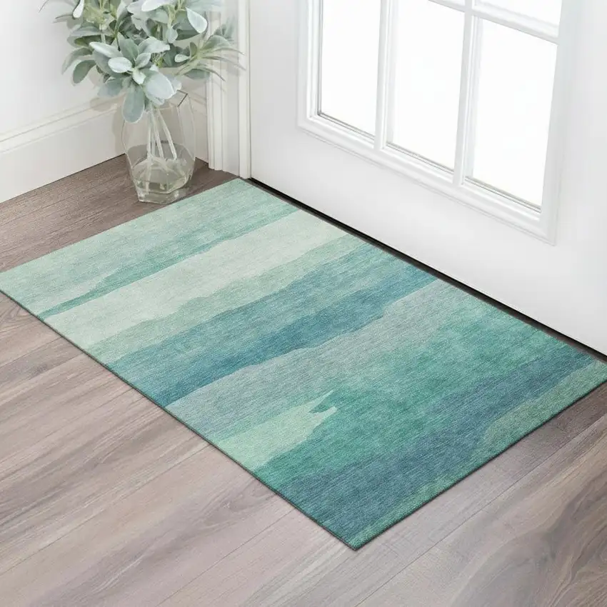Turquoise And Ivory Striped Washable Area Rug With UV Protection Photo 2