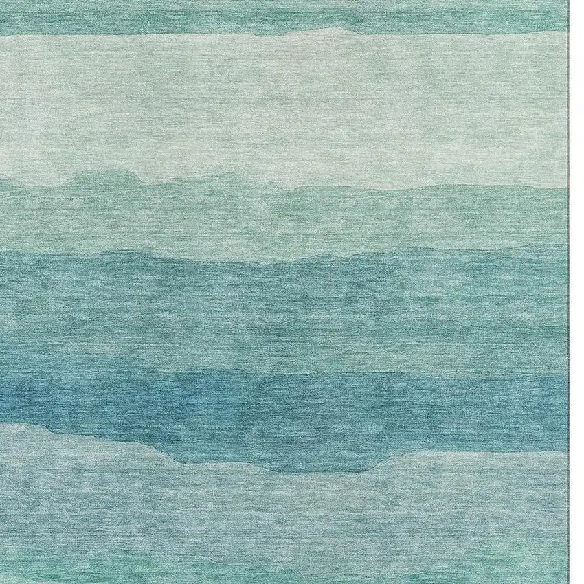 Turquoise And Ivory Striped Washable Area Rug With UV Protection Photo 2