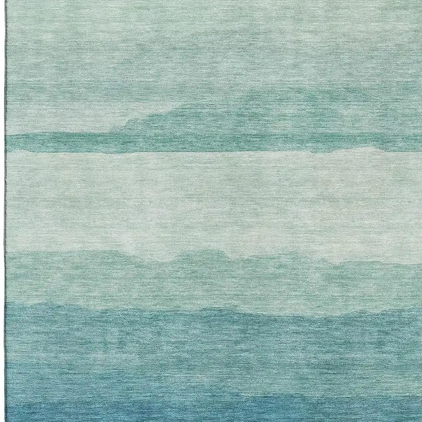 Turquoise And Ivory Striped Washable Area Rug With UV Protection Photo 2