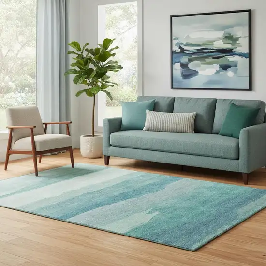 Turquoise And Ivory Striped Washable Area Rug With UV Protection Photo 2