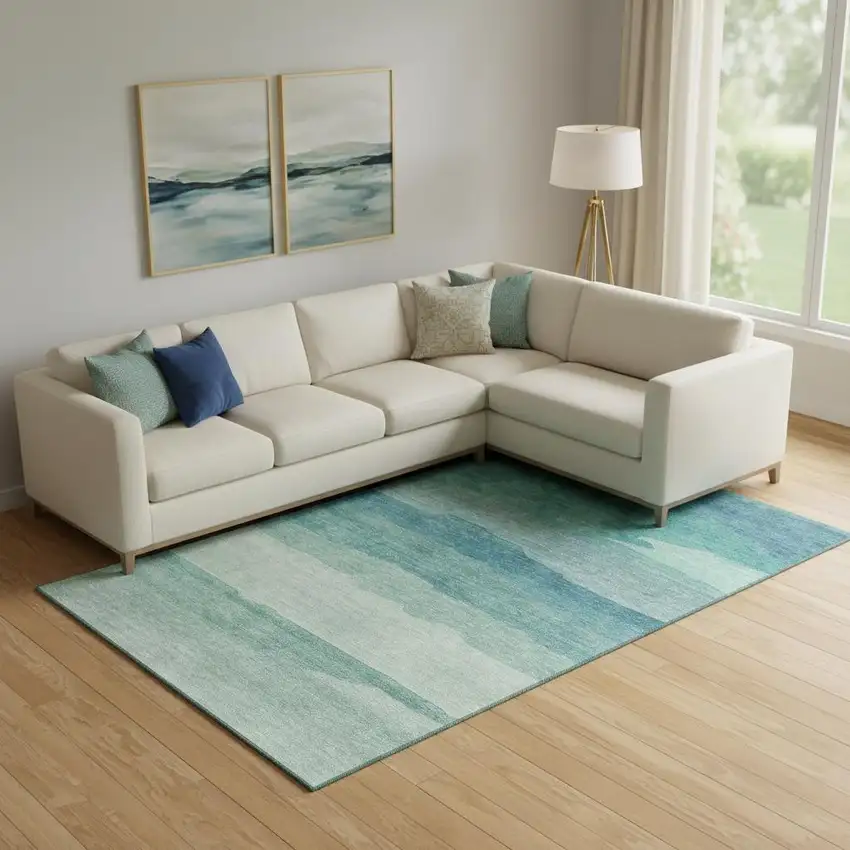 Turquoise And Ivory Striped Washable Area Rug With UV Protection Photo 2