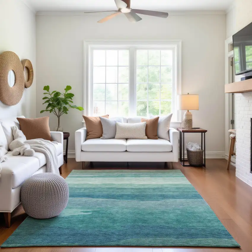 Turquoise And Ivory Striped Washable Area Rug With UV Protection Photo 5