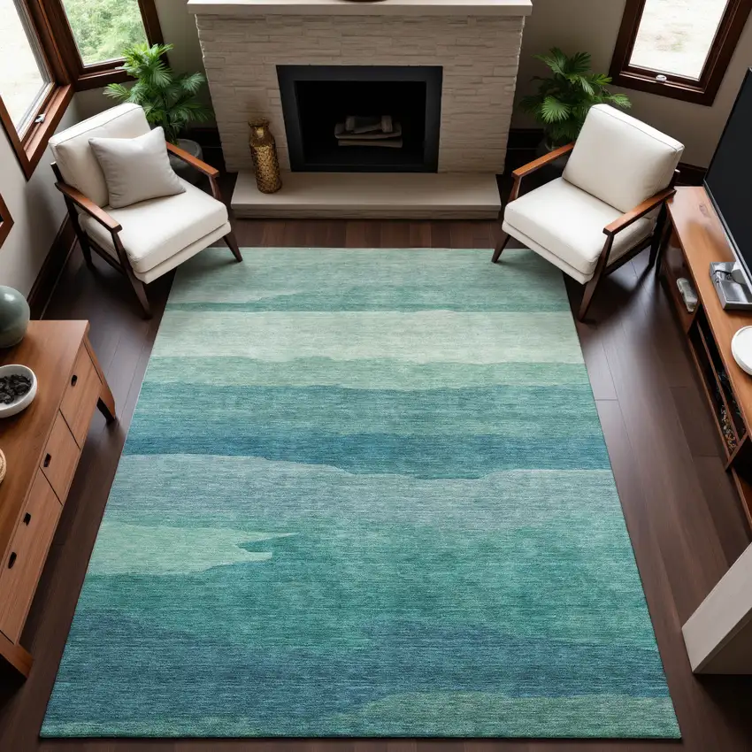 Turquoise And Ivory Striped Washable Area Rug With UV Protection Photo 4