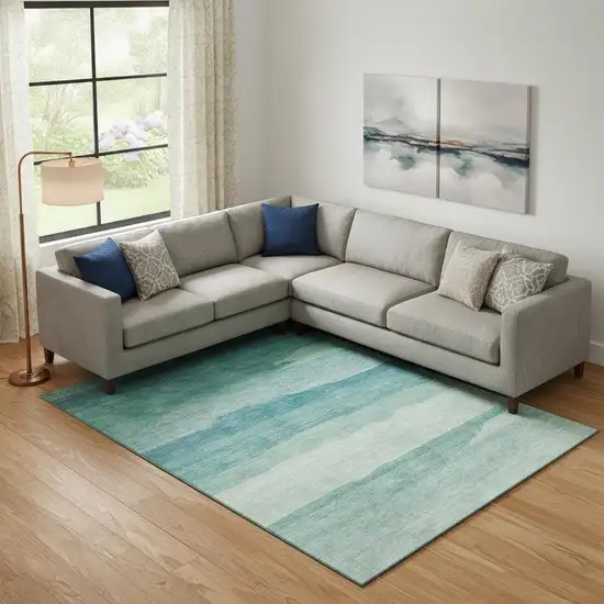 Turquoise And Ivory Striped Washable Area Rug With UV Protection Photo 2