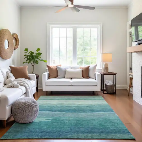 Turquoise And Ivory Striped Washable Area Rug With UV Protection Photo 5