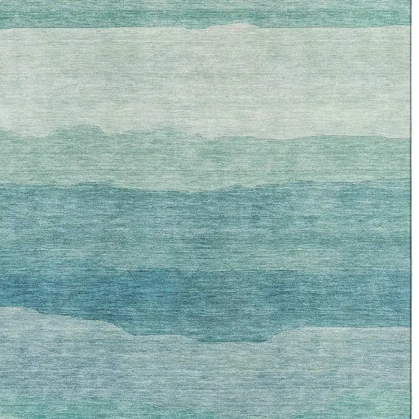 Turquoise And Ivory Striped Washable Area Rug With UV Protection Photo 2