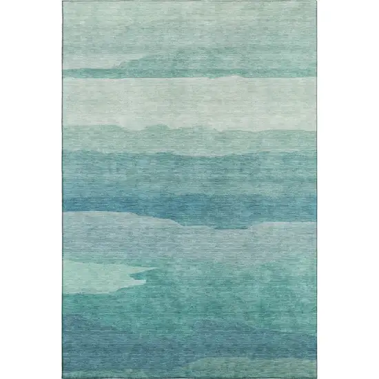 Turquoise And Ivory Striped Washable Area Rug With UV Protection Photo 1