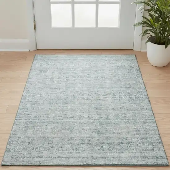 Turquoise And Ivory Striped Washable Area Rug With UV Protection Photo 2