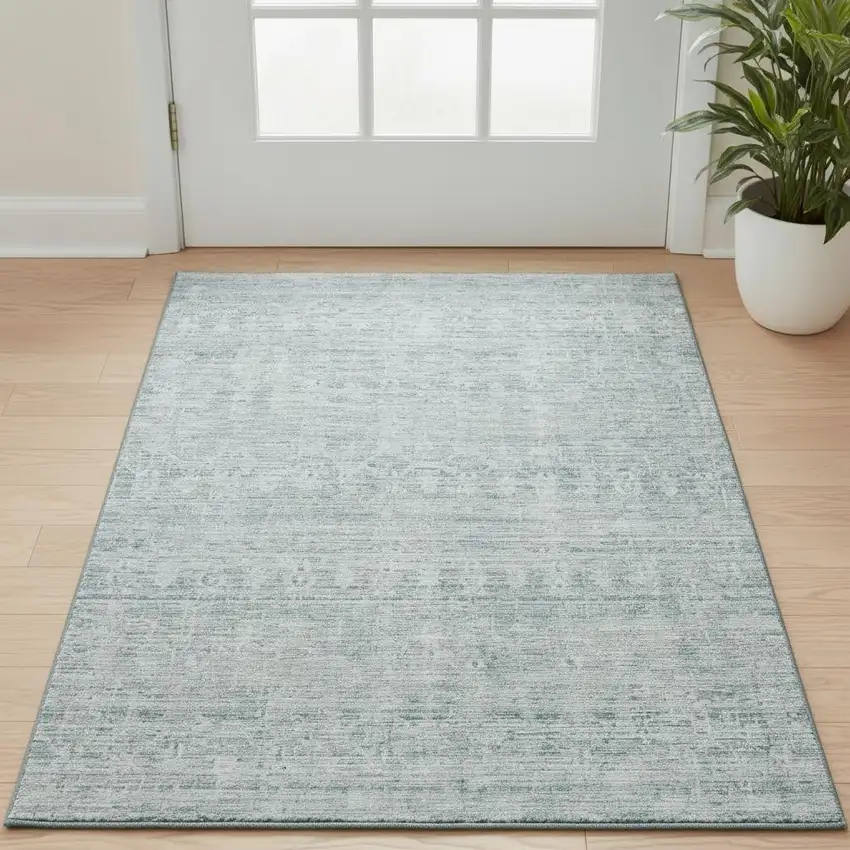 Turquoise And Ivory Striped Washable Area Rug With UV Protection Photo 2