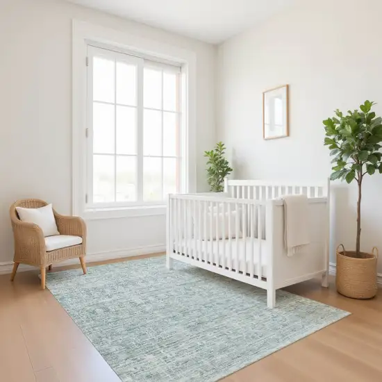 Turquoise And Ivory Striped Washable Area Rug With UV Protection Photo 5