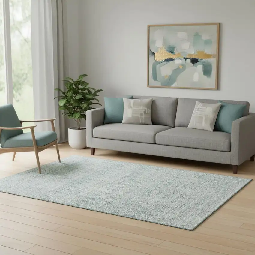 Turquoise And Ivory Striped Washable Area Rug With UV Protection Photo 2