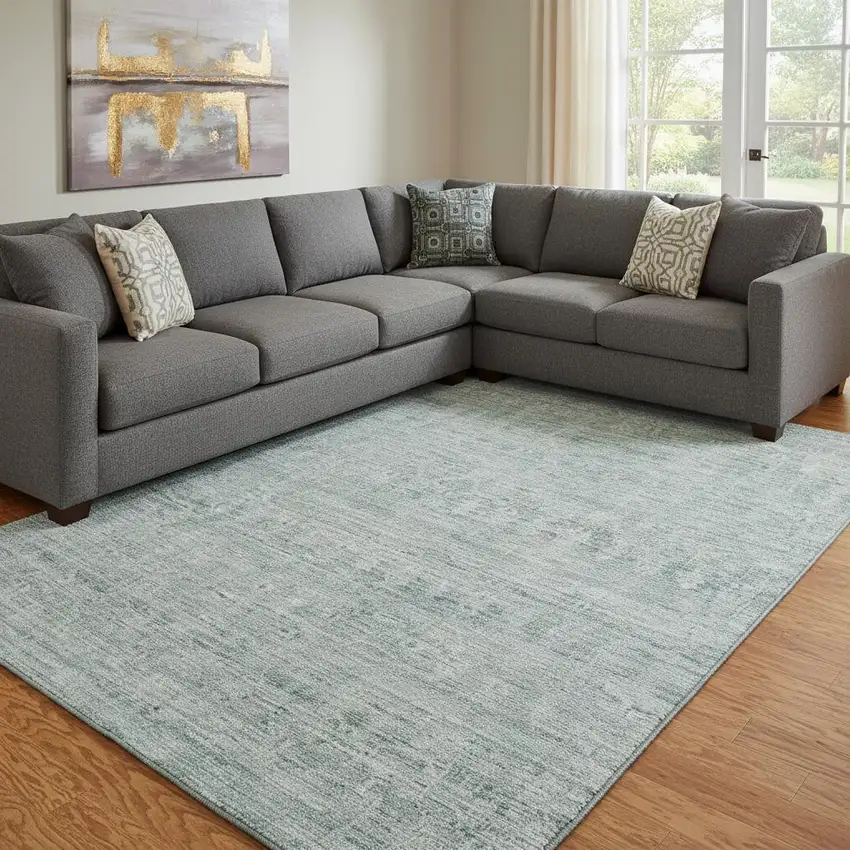 Turquoise And Ivory Striped Washable Area Rug With UV Protection Photo 2