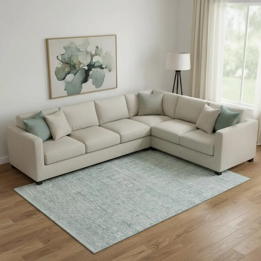 Turquoise And Ivory Striped Washable Area Rug With UV Protection Photo 2