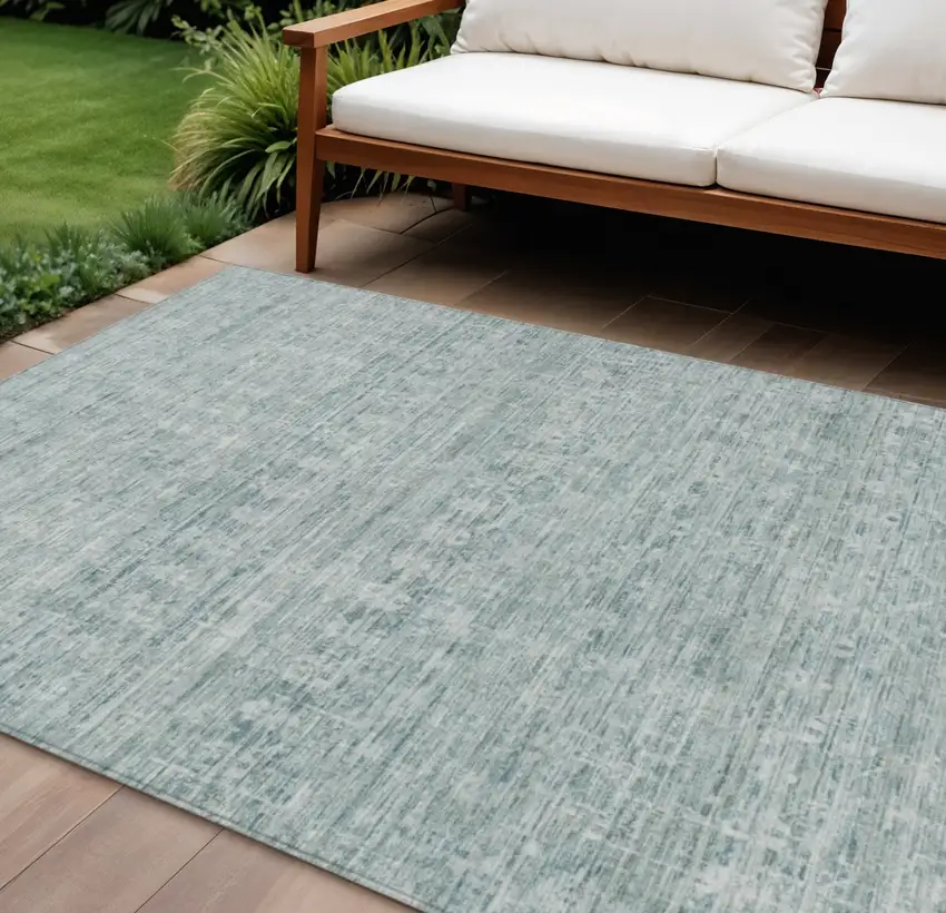 Turquoise And Ivory Striped Washable Indoor Outdoor Area Rug Photo 2