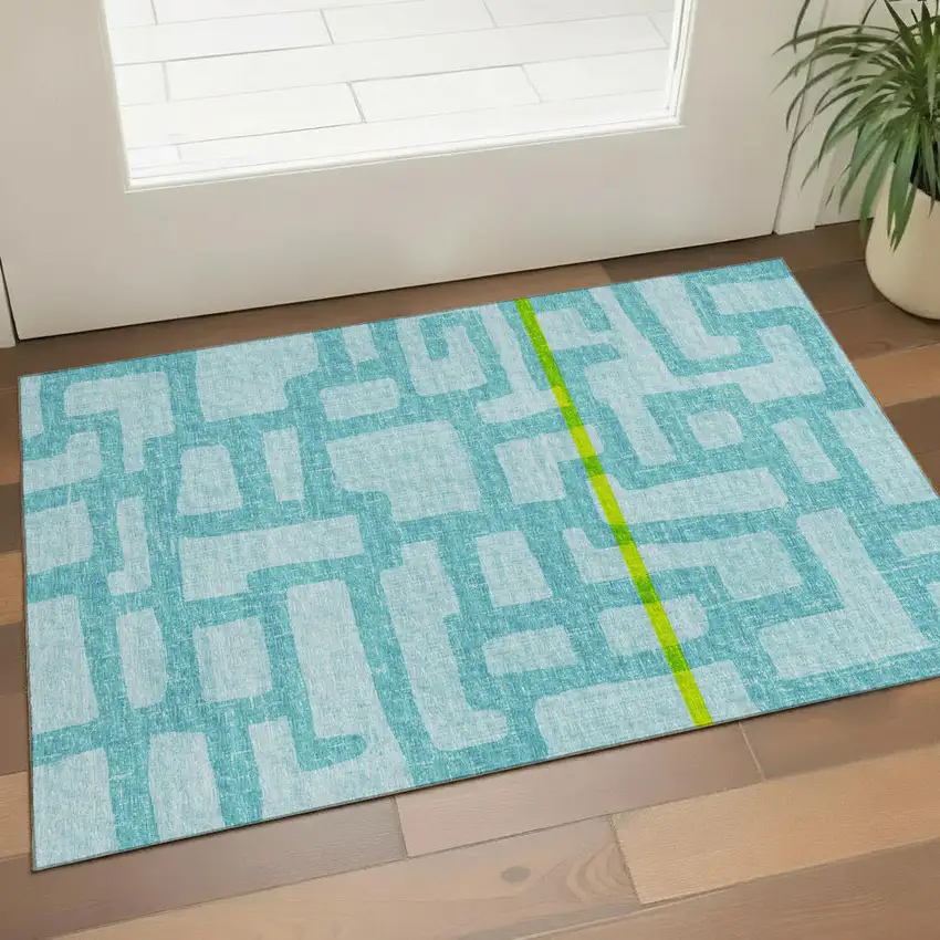 Turquoise And Sky Blue Abstract Washable Area Rug With UV Protection Photo 1