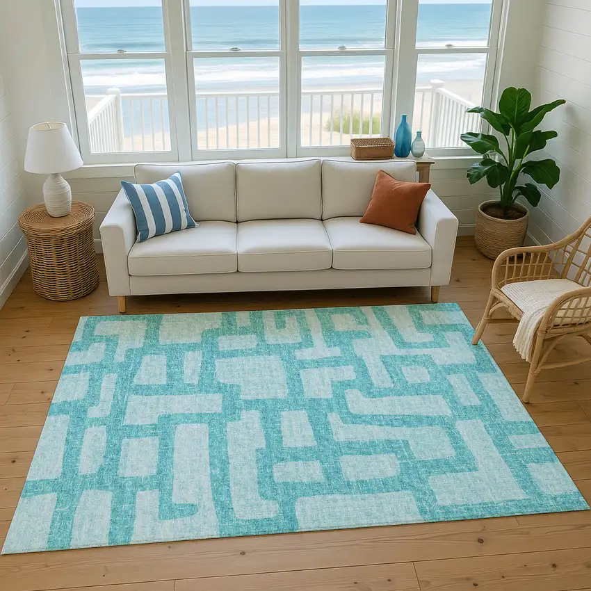 Turquoise And Sky Blue Abstract Washable Area Rug With UV Protection Photo 6