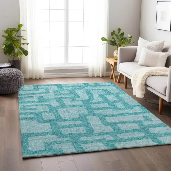 Turquoise And Sky Blue Abstract Washable Area Rug With UV Protection Photo 5