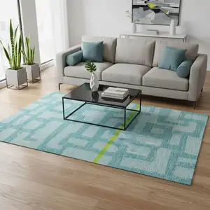 Photo of Turquoise And Sky Blue Abstract Washable Area Rug With UV Protection