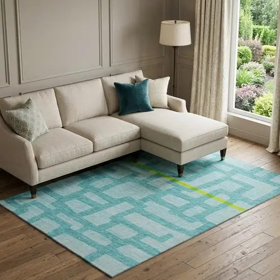 Turquoise And Sky Blue Abstract Washable Area Rug With UV Protection Photo 1