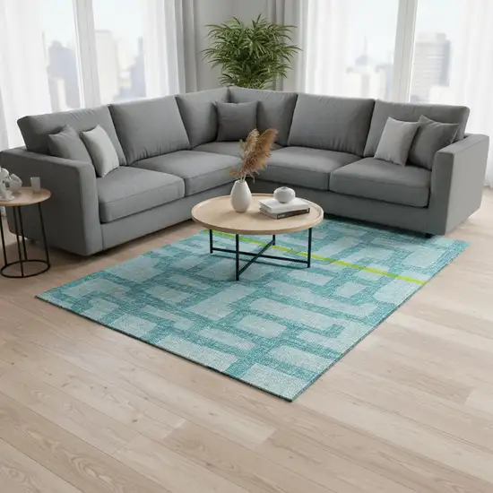Turquoise And Sky Blue Abstract Washable Area Rug With UV Protection Photo 1