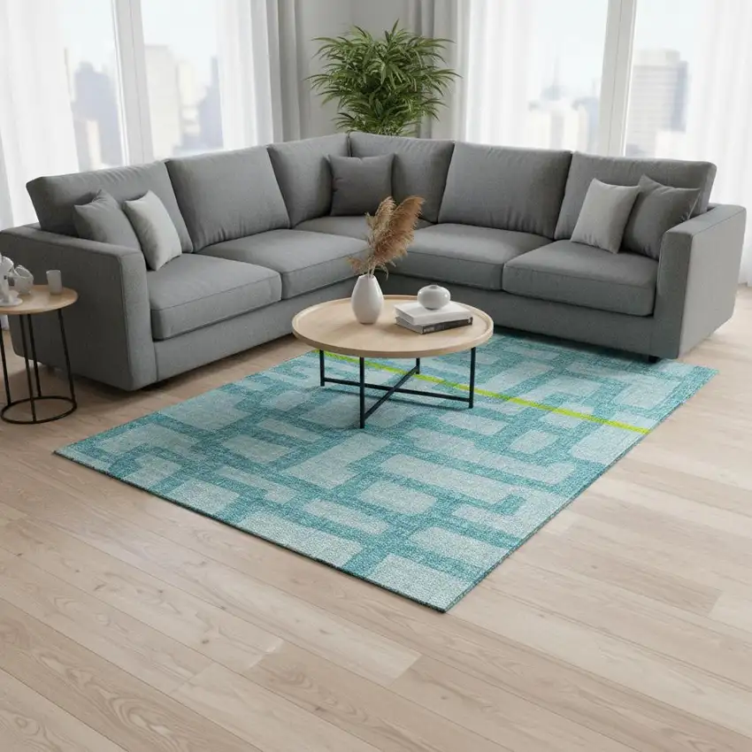 Turquoise And Sky Blue Abstract Washable Area Rug With UV Protection Photo 1