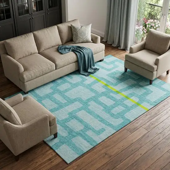 Turquoise And Sky Blue Abstract Washable Area Rug With UV Protection Photo 1