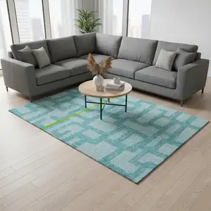 Photo of Turquoise And Sky Blue Abstract Washable Area Rug With UV Protection