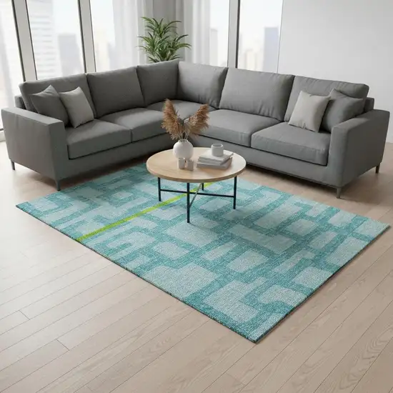 Turquoise And Sky Blue Abstract Washable Area Rug With UV Protection Photo 1