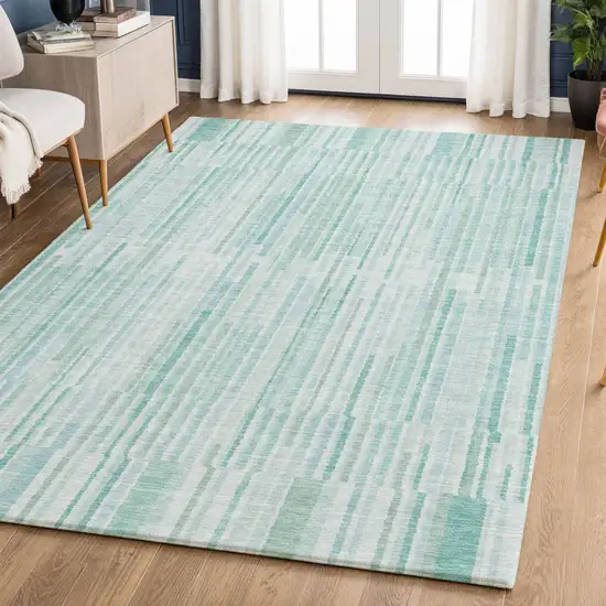 Turquoise And Sky Blue Striped Washable Area Rug With UV Protection Photo 6