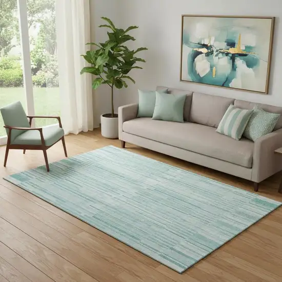 Turquoise And Sky Blue Striped Washable Area Rug With UV Protection Photo 2