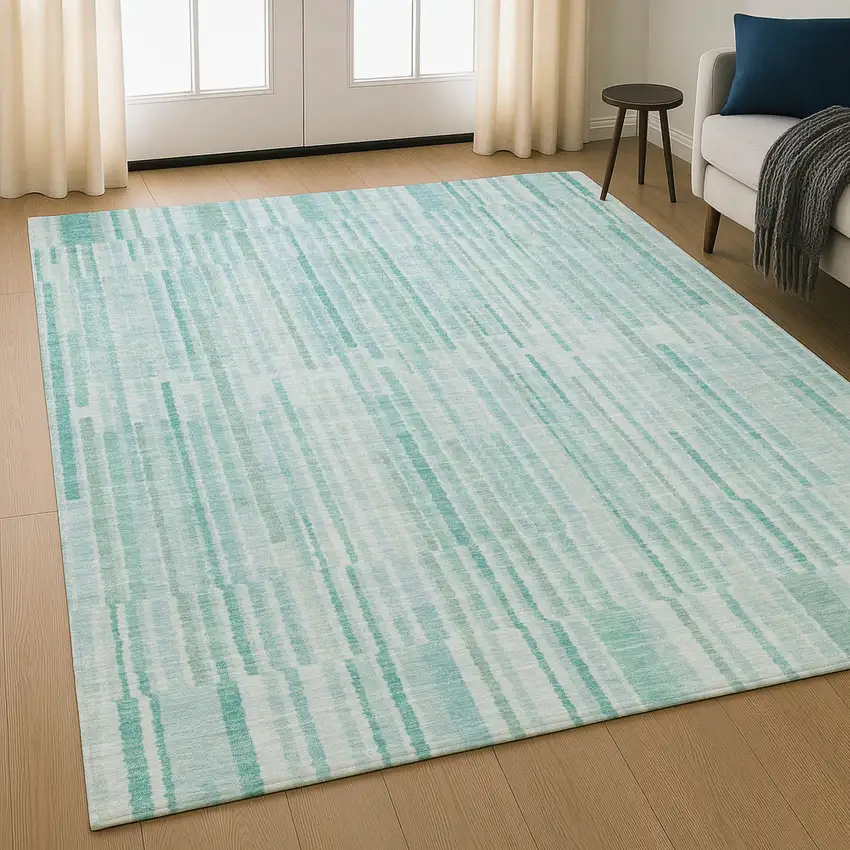 Turquoise And Sky Blue Striped Washable Area Rug With UV Protection Photo 5