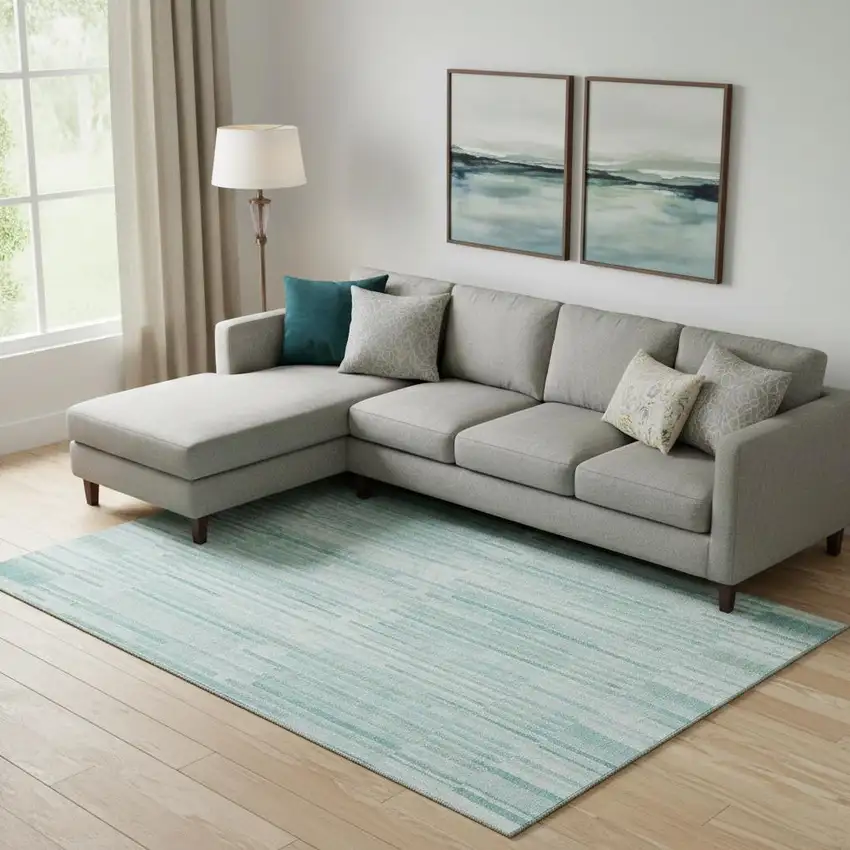 Turquoise And Sky Blue Striped Washable Area Rug With UV Protection Photo 2