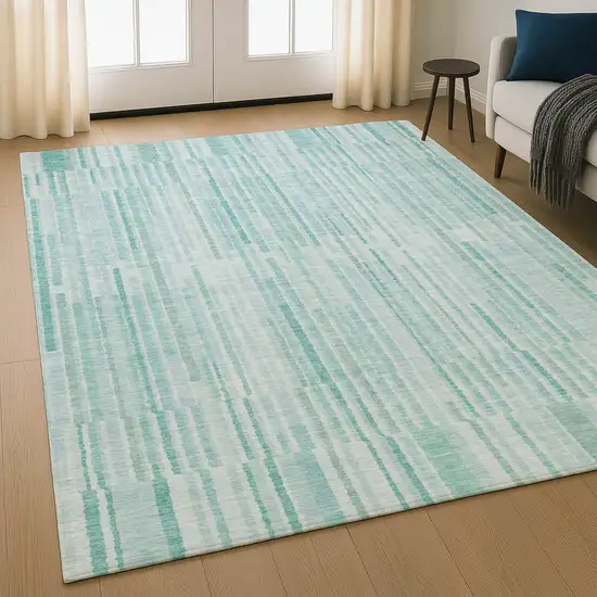 Turquoise And Sky Blue Striped Washable Area Rug With UV Protection Photo 5