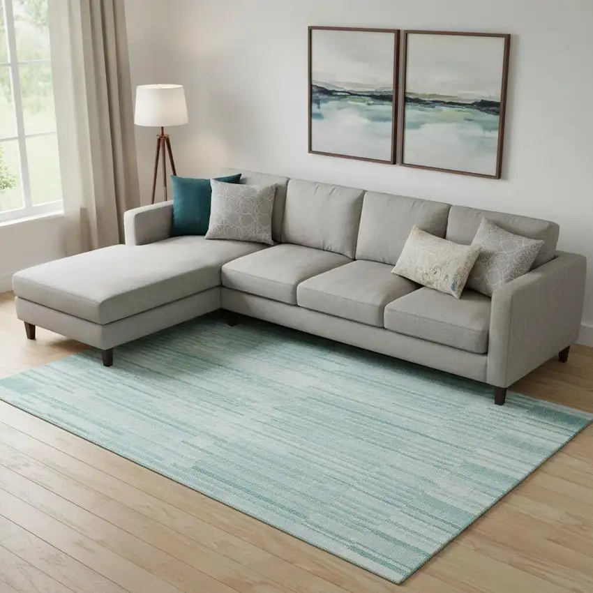 Turquoise And Sky Blue Striped Washable Area Rug With UV Protection Photo 2