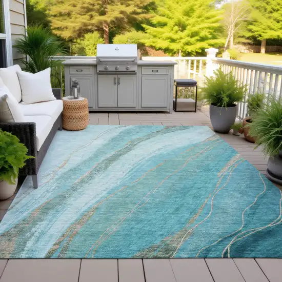 Turquoise And Taupe Abstract Washable Indoor Outdoor Area Rug Photo 4