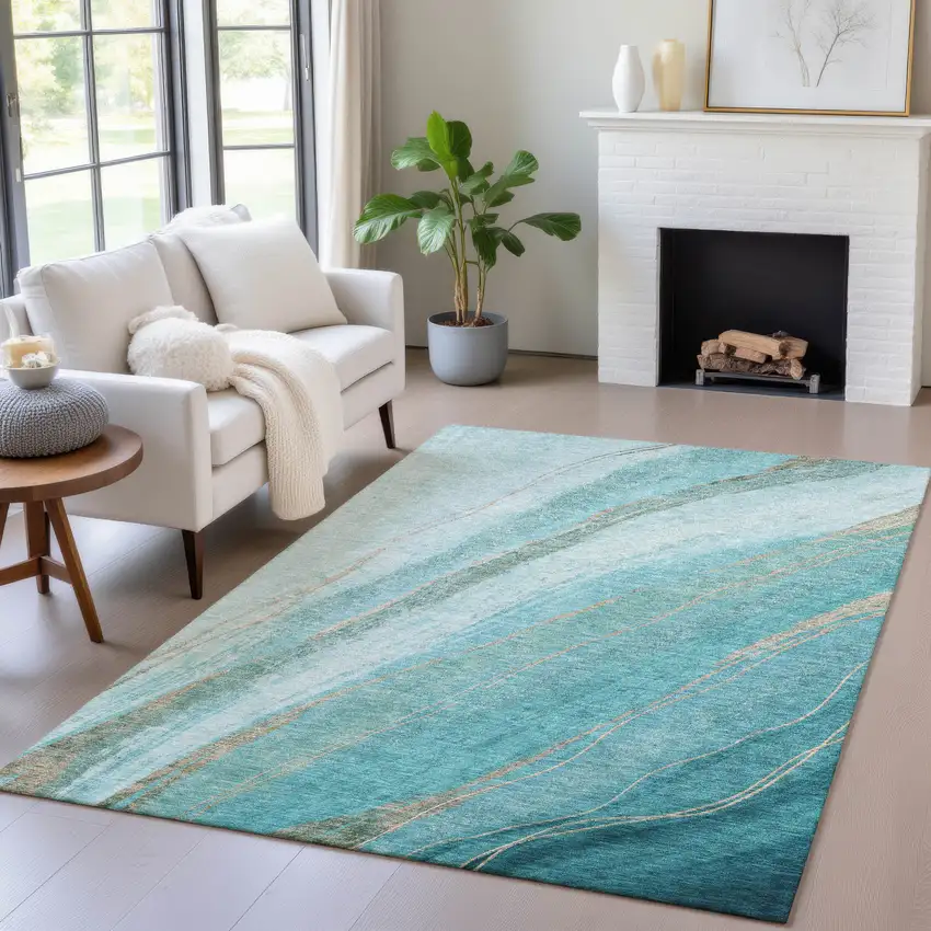 Turquoise And Taupe Abstract Washable Indoor Outdoor Area Rug Photo 5
