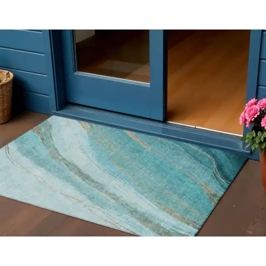 Turquoise And Taupe Abstract Washable Indoor Outdoor Area Rug Photo 2