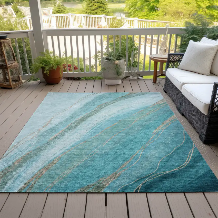 Turquoise And Taupe Abstract Washable Indoor Outdoor Area Rug Photo 7