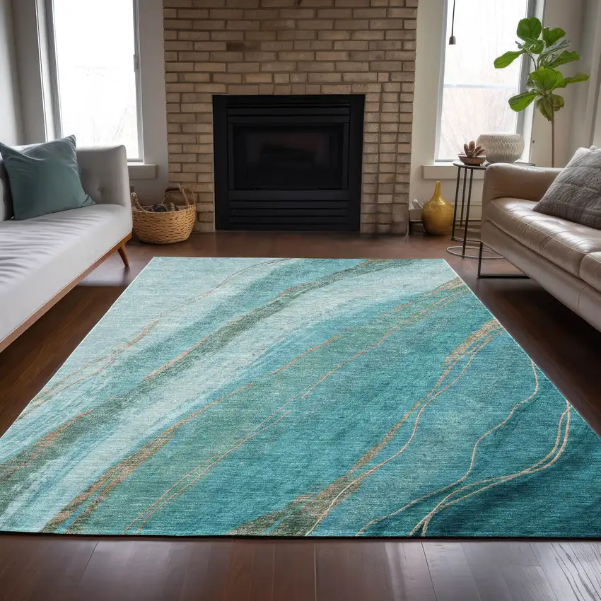Turquoise And Taupe Abstract Washable Indoor Outdoor Area Rug Photo 6