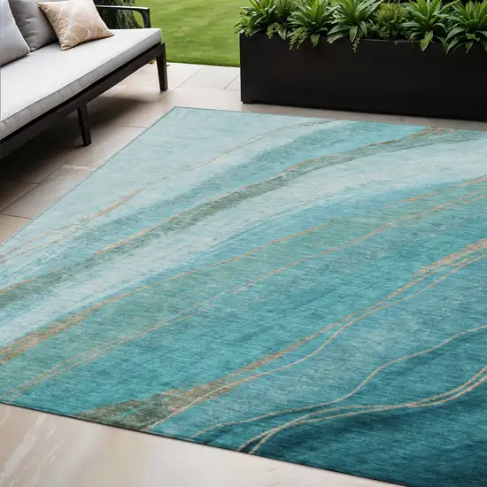 Turquoise And Taupe Abstract Washable Indoor Outdoor Area Rug Photo 2