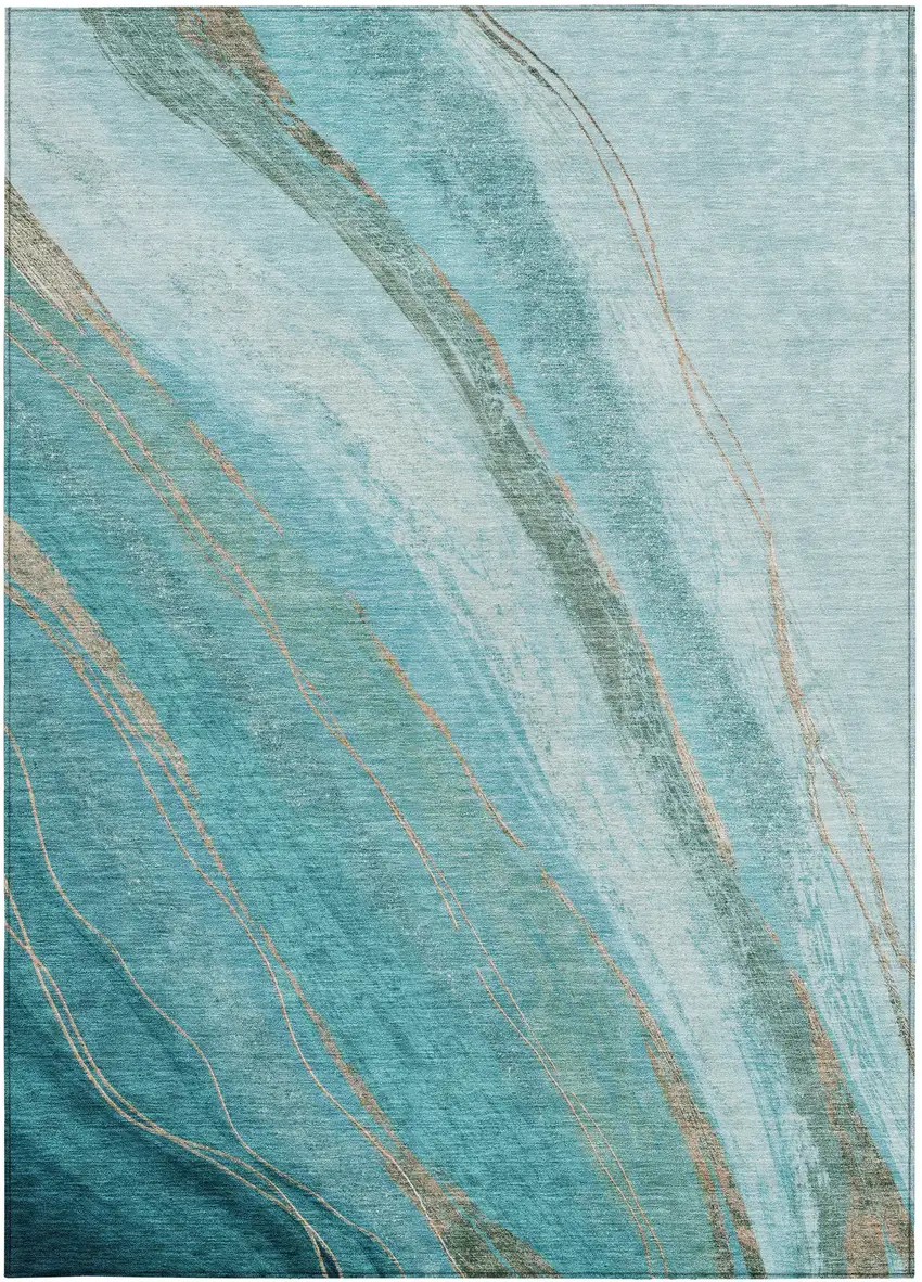 Turquoise And Taupe Abstract Washable Indoor Outdoor Area Rug Photo 1