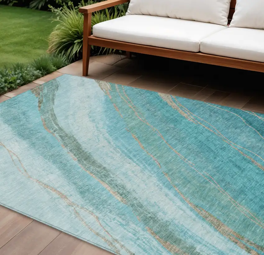 Turquoise And Taupe Abstract Washable Indoor Outdoor Area Rug Photo 2