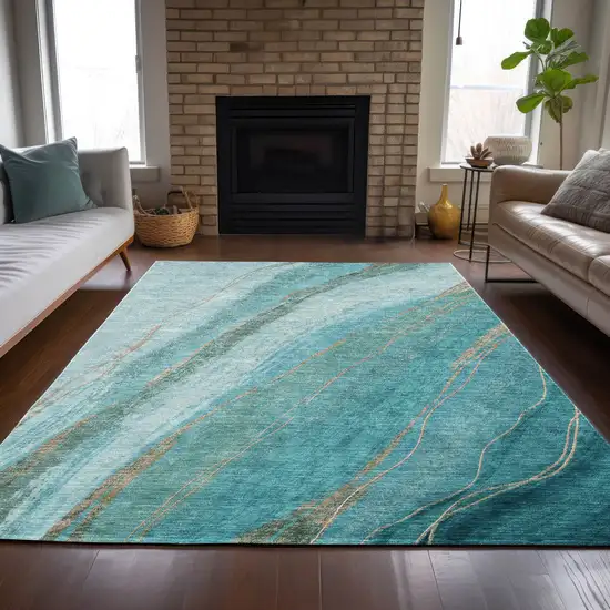 Turquoise And Taupe Abstract Washable Indoor Outdoor Area Rug Photo 6