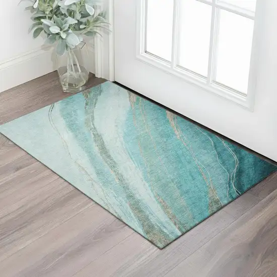 Turquoise And Teal Abstract Washable Area Rug With UV Protection Photo 2